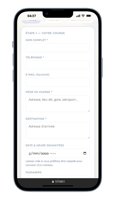 Aperçu de la page de réservation Noor sur smartphone, étape trajet